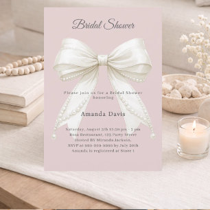Bow dusty rose pink pearls Bridal Shower Invitation