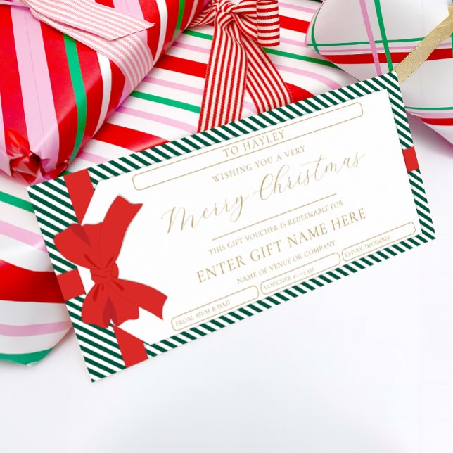 Bow Emerald Stripe Christmas Gift Voucher Card (Creator Uploaded)