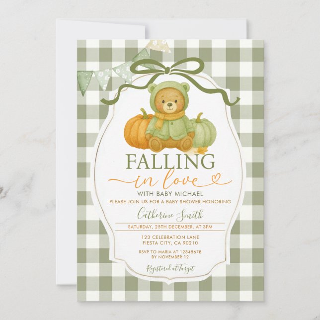 Bow Fall in love Bear Pumpkin Baby shower Gingham Invitation (Front)