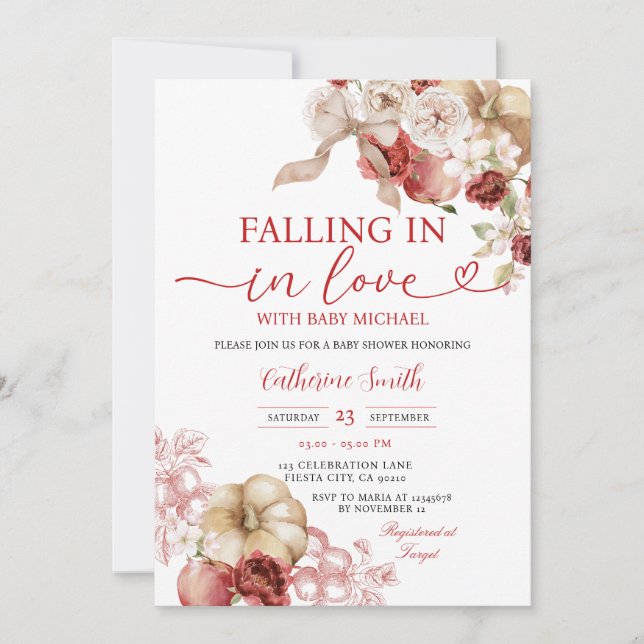 Bow Falling in Love Baby Shower Apple Red Floral Invitation (Front)