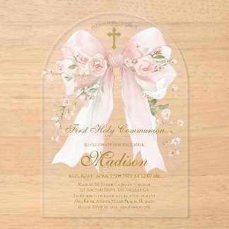 Bow First Holy Communion Girl - Boho Arch Acrylic Invitations