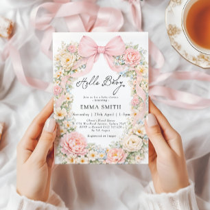Bow Floral Blush Pink Coquette Girl Baby Shower Invitation