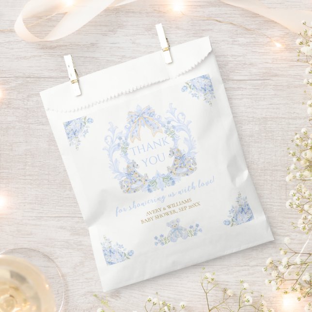 Bow Floral Crest Rustic Blue Boy Baby Shower Favour Bags (Clipped)