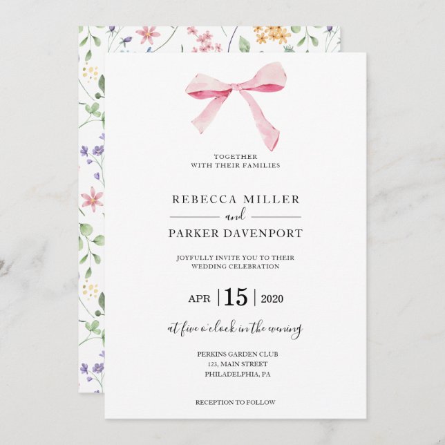 Bow floral elegant trendy Wedding invitation (Front/Back)