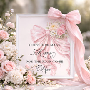 Bow Floral How Many Kisses Bridal Shower Game Poster