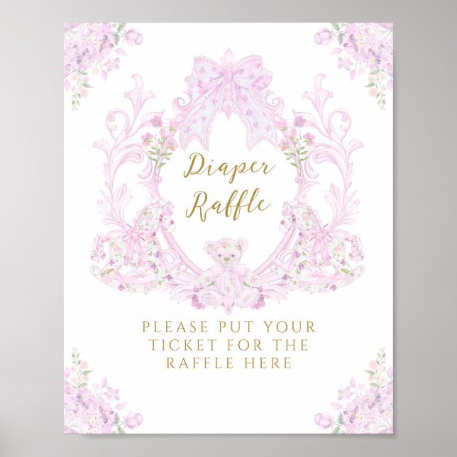 Bow Floral Teddy Bear Crest Baby Shower Diaper Poster (Front)