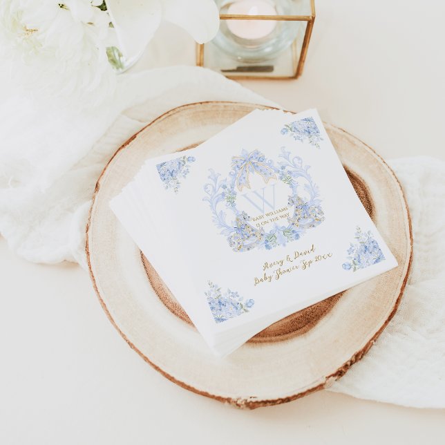 Bow Floral Watercolour Elegant Boy Baby Shower Napkin (Creator Uploaded)