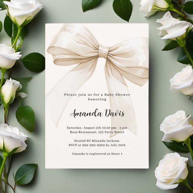 Bow gender neutral beige Baby Shower Invitation (Creator Uploaded)