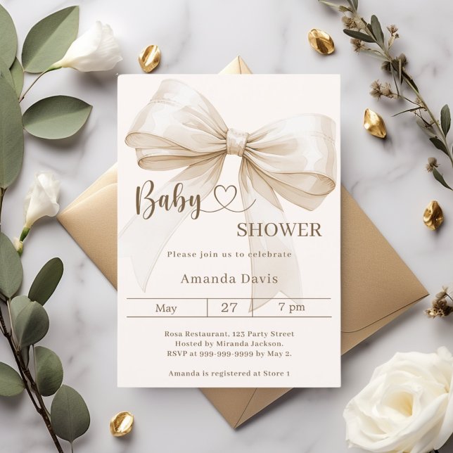 Bow gender neutral beige cream Baby Shower Invitation (Creator Uploaded)