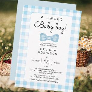 Bow Gingham Baby Boy Shower Invitation