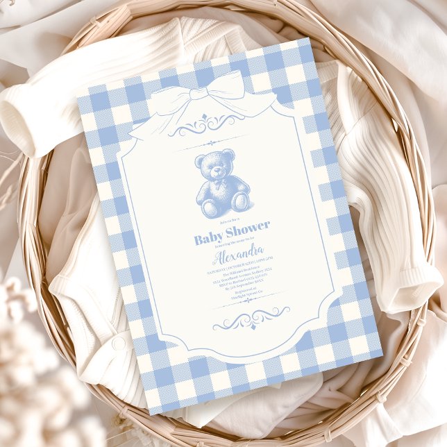 Bow Gingham French Teddy Bear Baby Shower Invitation (Creator Uploaded)