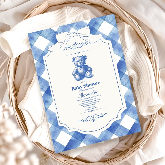 Bow Gingham French Teddy Bear Baby Shower Invitation (Creator Uploaded)