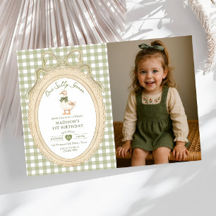 Bow Gingham One Silly Goose 1st Birthday Photo Invitation