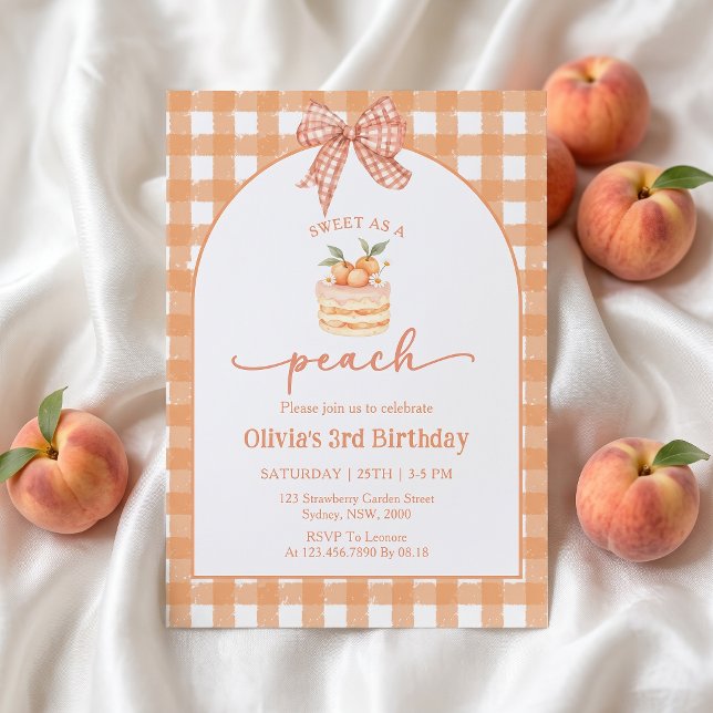 Bow Gingham Peach Girl Birthday Invitation (Creator Uploaded)