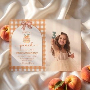 Bow Gingham Peach Girl Birthday Invitation Photo