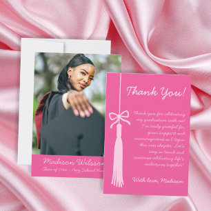 Bow GradTassel Pink Coquette Graduation Photo Thank You Card