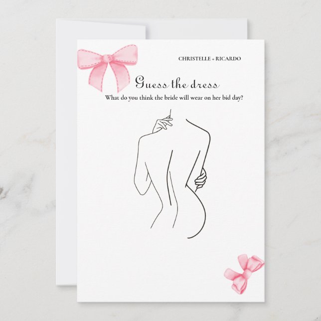 Bow Guess the bride dress bridal shower game Card (Front)