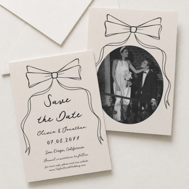 Bow Hand Drawn Wedding Save the date Photo Invitation (Creator Uploaded)
