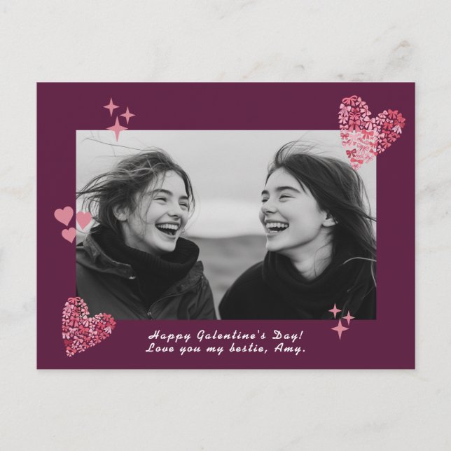 Bow Hearts Galentine's Day Custom Photo & Text Postcard (Front)