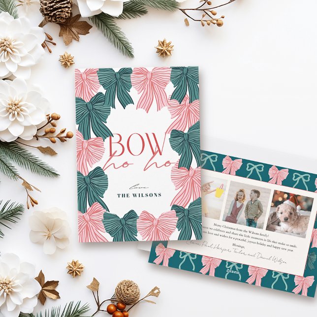 Bow Ho Ho Red & Green Bows 3 Photo Christmas Holiday Card (Creator Uploaded)