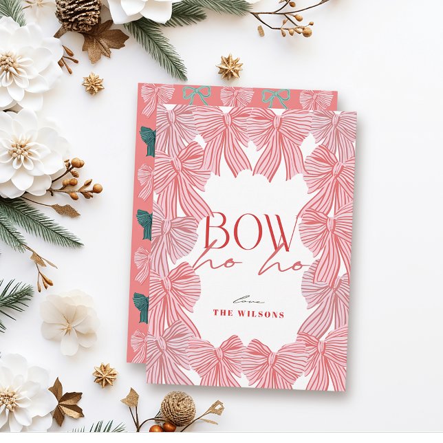 Bow Ho Ho Red & Pink Bows Christmas Holiday Card (Creator Uploaded)