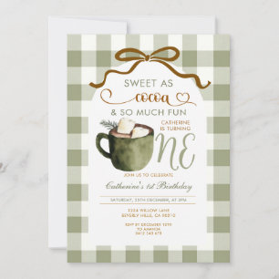 Bow Hot Cocoa 1st birthday Sage Green Gingham Invitation