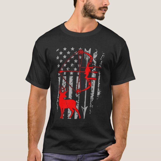 Bow Hunting American Flag Deer For Arrow Hunters T-Shirt (Front)