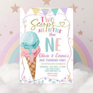 Bow Ice Cream Two Scoops Twin Girls Birthday Party Invitation
