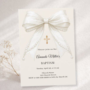 Bow Ivory Cream Pearls Girl Elegant Baptism Invitation