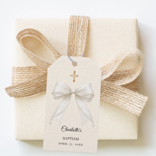 Bow ivory pearls Baptism DIY Gift Tags