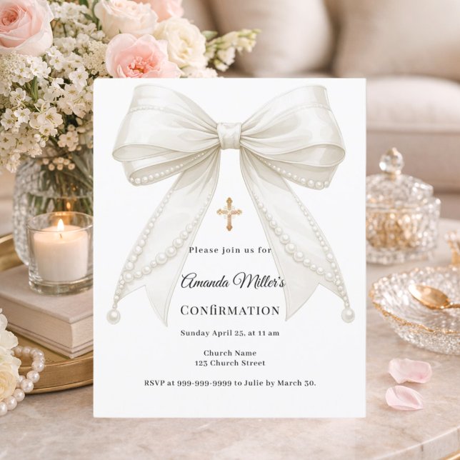 Bow ivory pearls girl Confirmation invitation (Creator Uploaded)