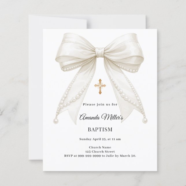 Bow Ivory Pearls Girl Elegant Baptism invitation (Front)