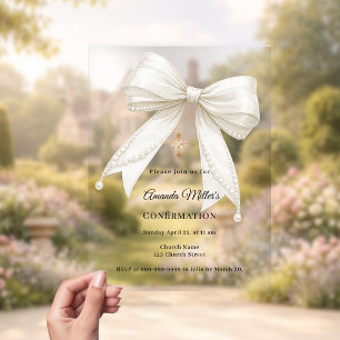 Bow ivory pearls girl elegant clear Confirmation Acrylic Invitations