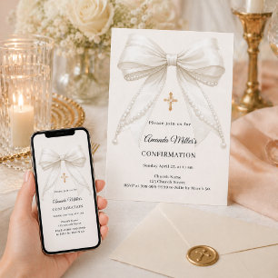 Bow ivory pearls girl elegant Confirmation Invitation