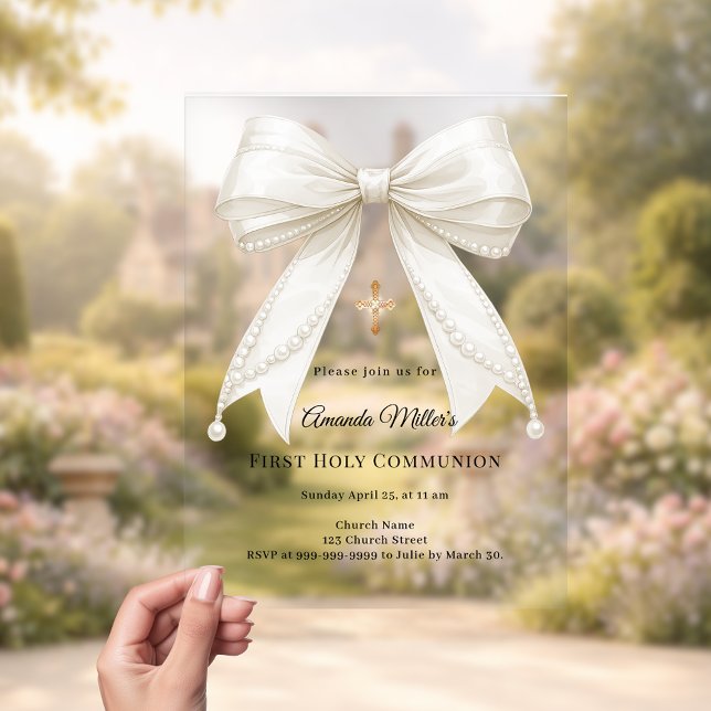 Bow ivory pearls girl elegant First Communion Acrylic Invitations (Creator Uploaded)