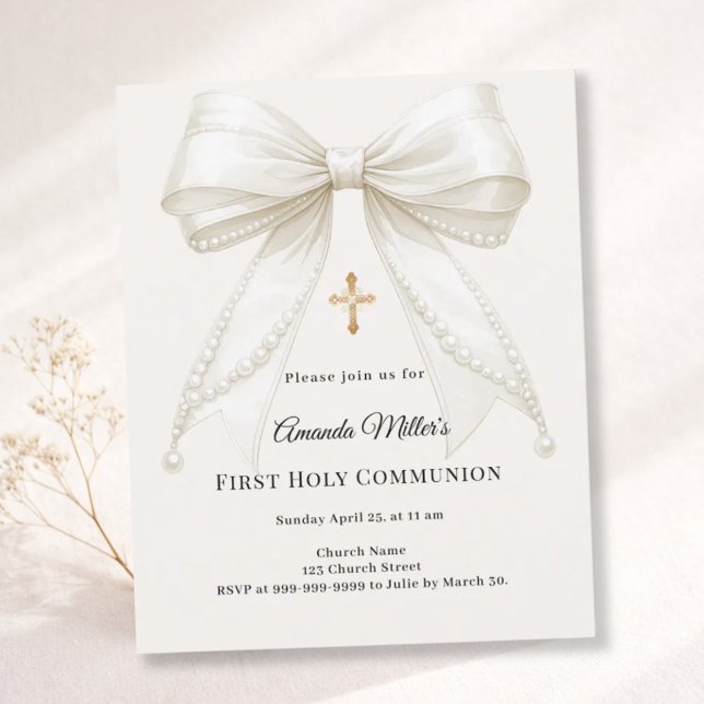 Bow ivory pearls girl First Communion invitation (Creator Uploaded)
