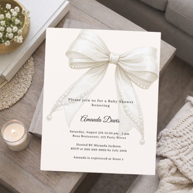 Bow ivory pearls luxury Baby Shower invitation (Creator Uploaded)