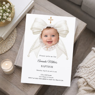 Bow Ivory Pearls Photo Girl Elegant Baptism Invitation