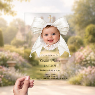 Bow Ivory Pearls Photo Girl luxury Baptism Acrylic Invitations