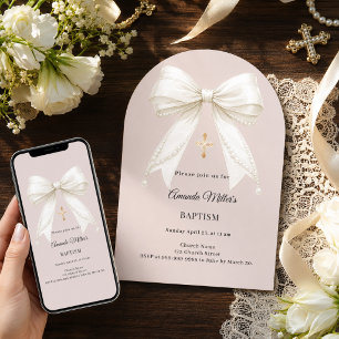 Bow ivory taupe pearls arch Baptism Invitation