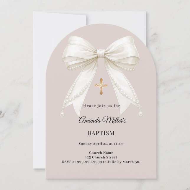 Bow ivory taupe pearls arch Baptism Invitation (Front)