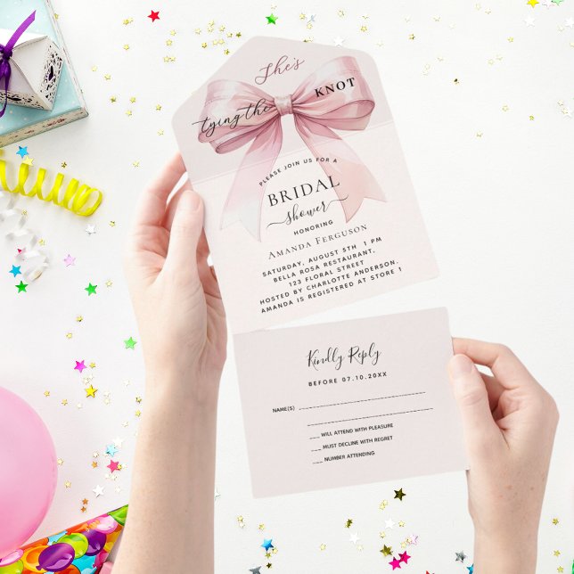Bow knot pink beige cream Bridal Shower rsvp All In One Invitation (Creator Uploaded)