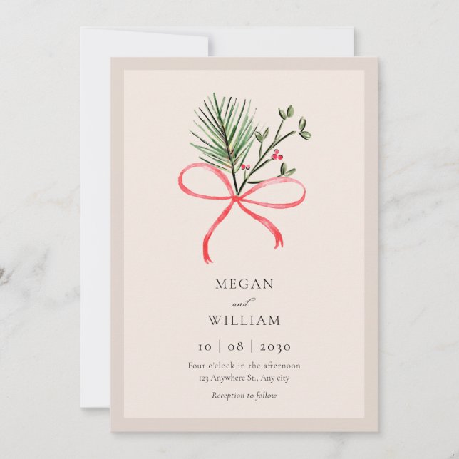 Bow leaves wedding invitation (Front)