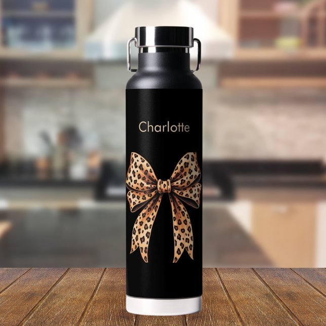 Bow leopard black custom name water bottle (Creator Uploaded)