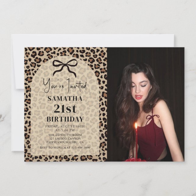 Bow Leopard Cheetah Birthday Photo Invitation (Front)