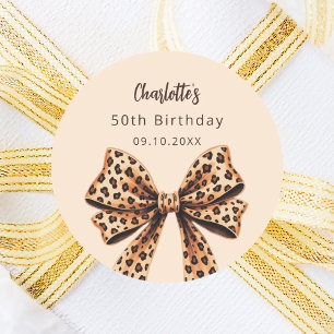 Bow leopard print beige Birthday Classic Round Sticker