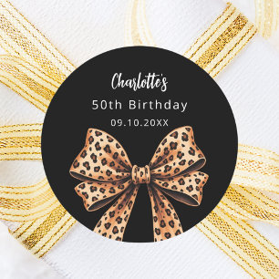 Bow leopard print black Birthday Classic Round Sticker