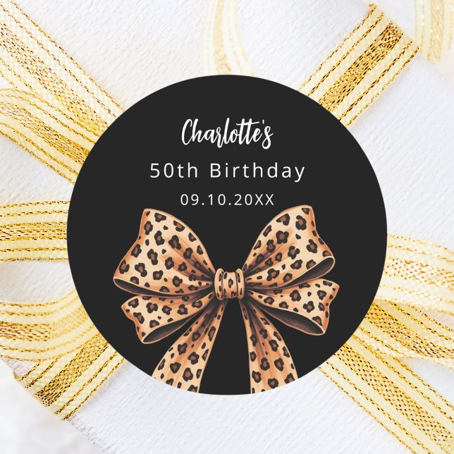 Bow leopard print black Birthday Classic Round Sticker (Creator Uploaded)