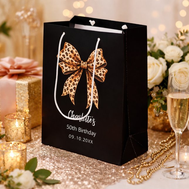 Bow leopard print black Birthday Party Medium Gift Bag (Creator Uploaded)