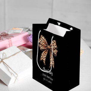 Bow leopard print black Birthday Party Medium Gift Bag